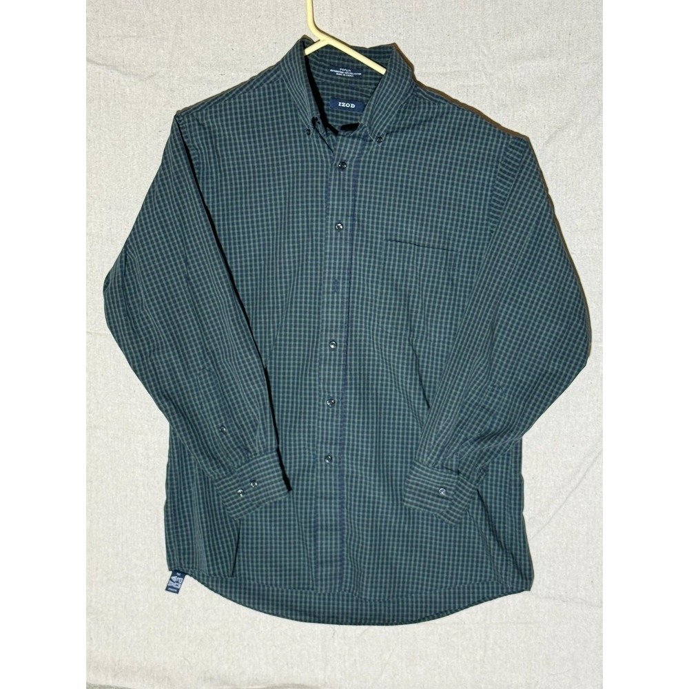 Vintage Izod Poplin Plaid Button Down Shirt Mens Large 16 32/33 Green Navy Blue